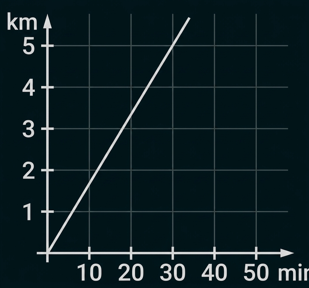 Diagramm mit Strecke in km und Zeit in Minuten, ansteigende Linie im Koordinatensystem